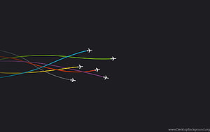 Minimalist airplane flight paths with colorful trails on dark background HD wallpaper
