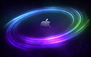 Apple Logo Centered in Vibrant Neon Light Ring Against Starry Space Background HD wallpaper