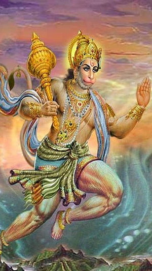 Lord Hanuman Flying Through the Sky Holding His Mace in Traditional Indian Art HD phone wallpaper