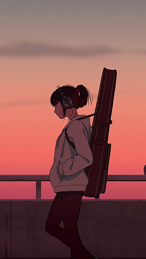 Anime Girl Walking at Sunset with Cello Case and Headphones HD phone wallpaper