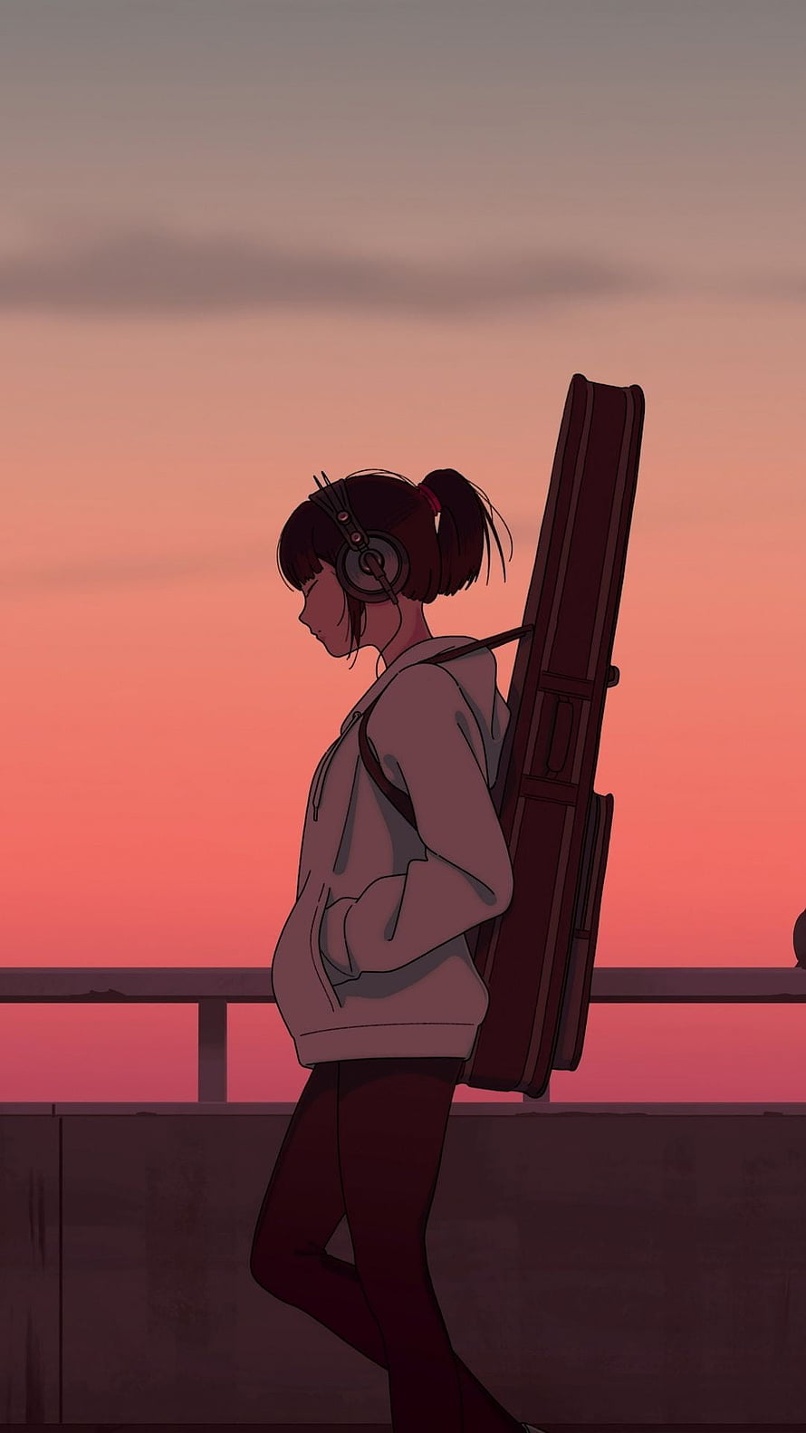 Anime Girl Walking at Sunset with Cello Case and Headphones HD phone wallpaper