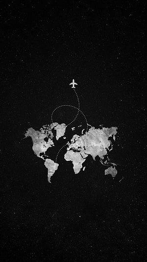 Minimalist World Map with Airplane Flight Path on Black Starry Background HD phone wallpaper