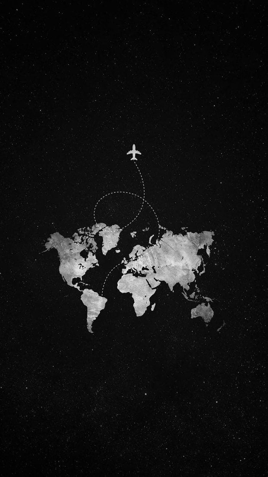 Minimalist World Map with Airplane Flight Path on Black Starry Background HD phone wallpaper