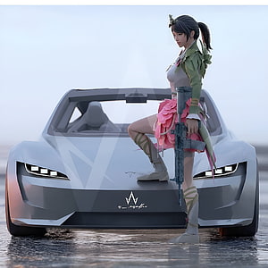 PUBG Mobile Female Soldier with Rifle Leaning on White Tesla Roadster HD phone wallpaper