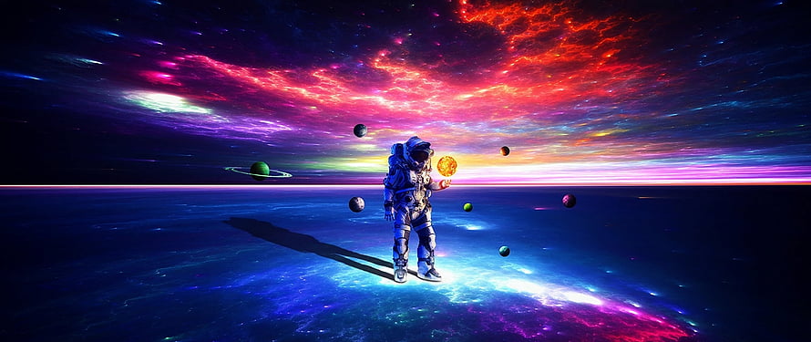Astronaut Standing on Alien Planet Surface Under Vibrant Nebula Sky HD wallpaper