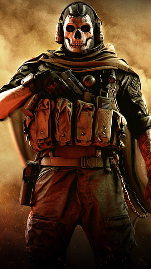 Call of Duty Soldier in Skull Mask and Tactical Gear with Pistol HD phone wallpaper