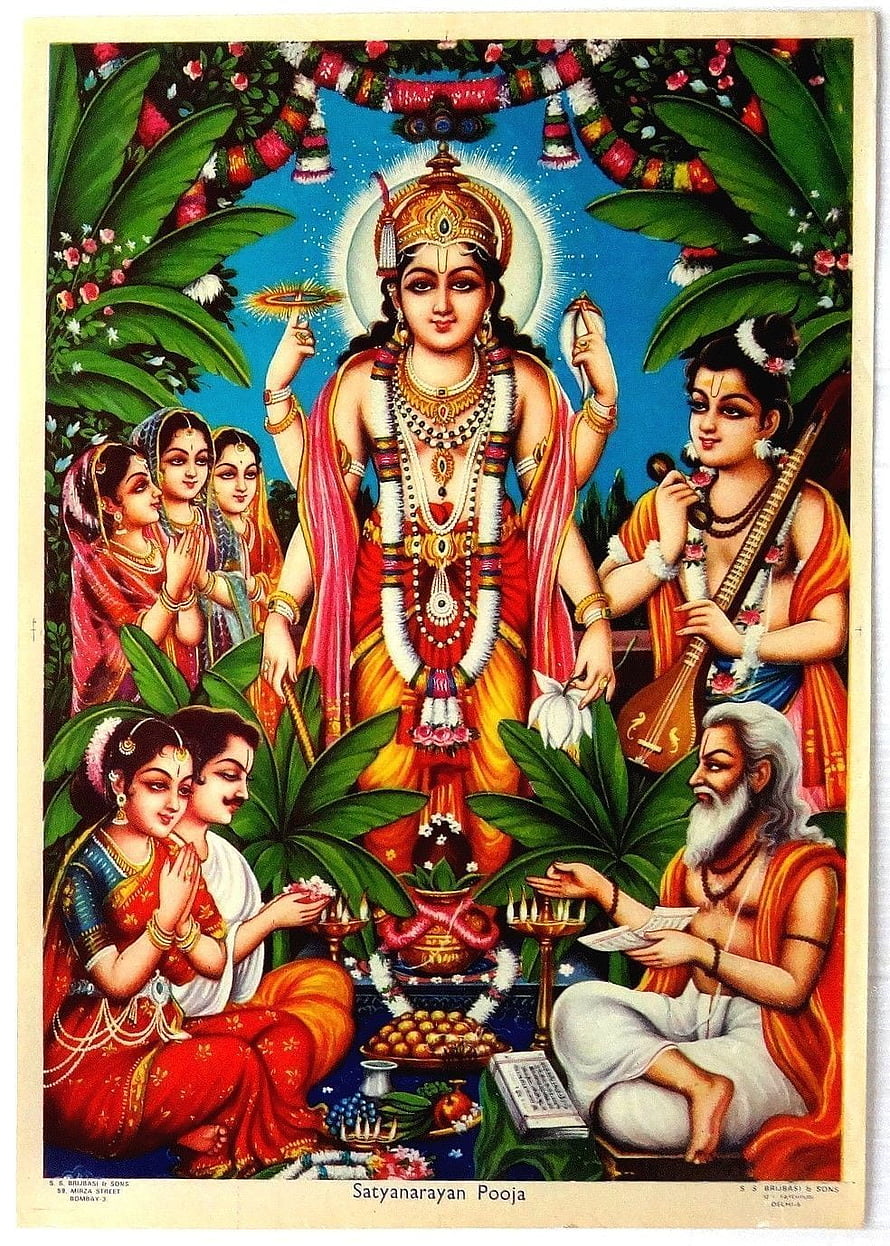 Traditional Indian Satyanarayana Pooja Devotional Artwork with Family and Sage HD phone wallpaper