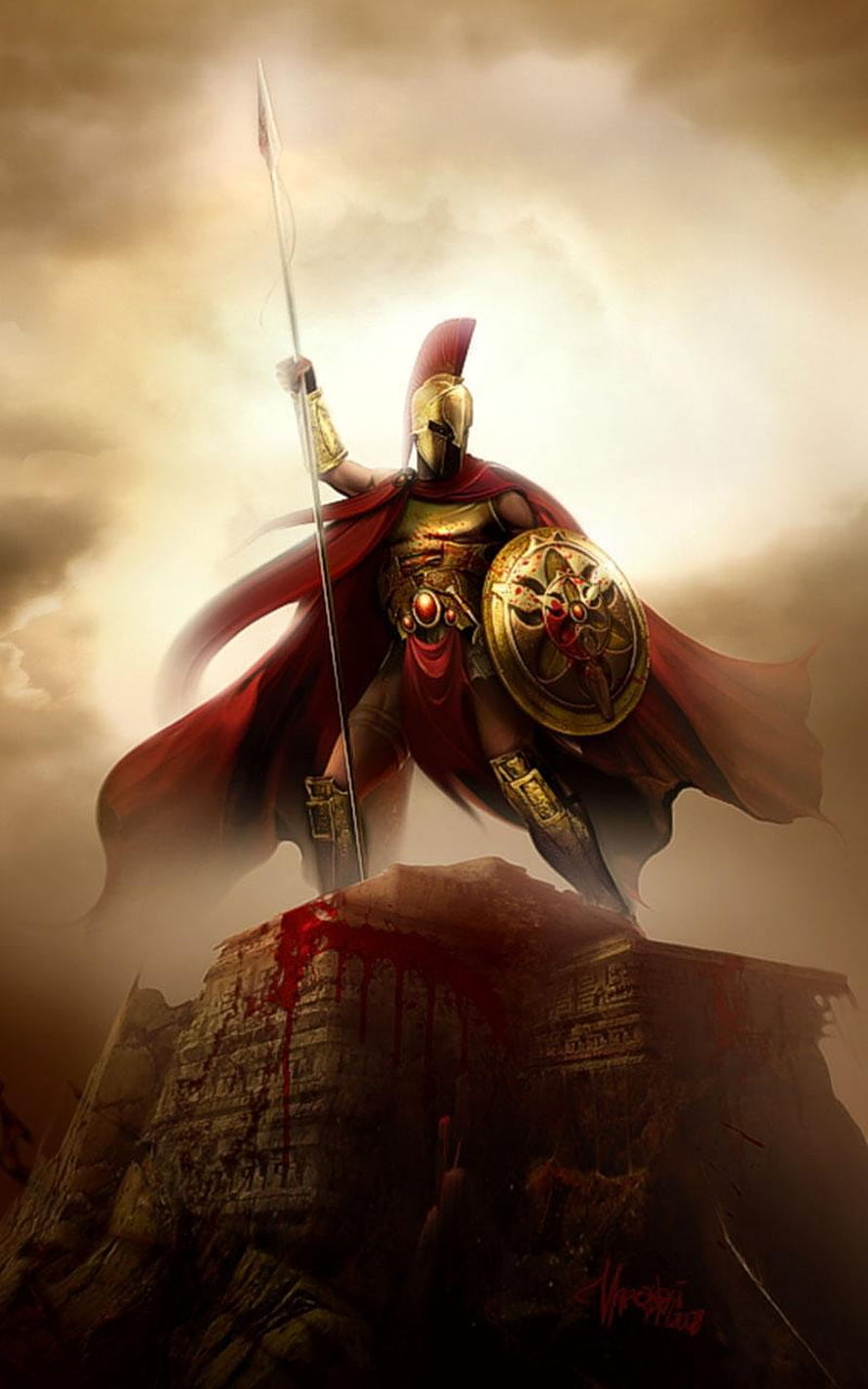 Spartan Warrior with Spear and Shield Standing on Bloodied Ruins HD phone wallpaper