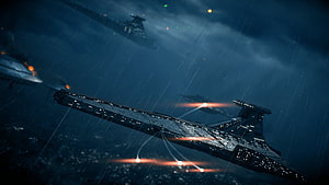 Venator Class Star Destroyer Flying Through Stormy Night Sky With Laser Fire HD wallpaper