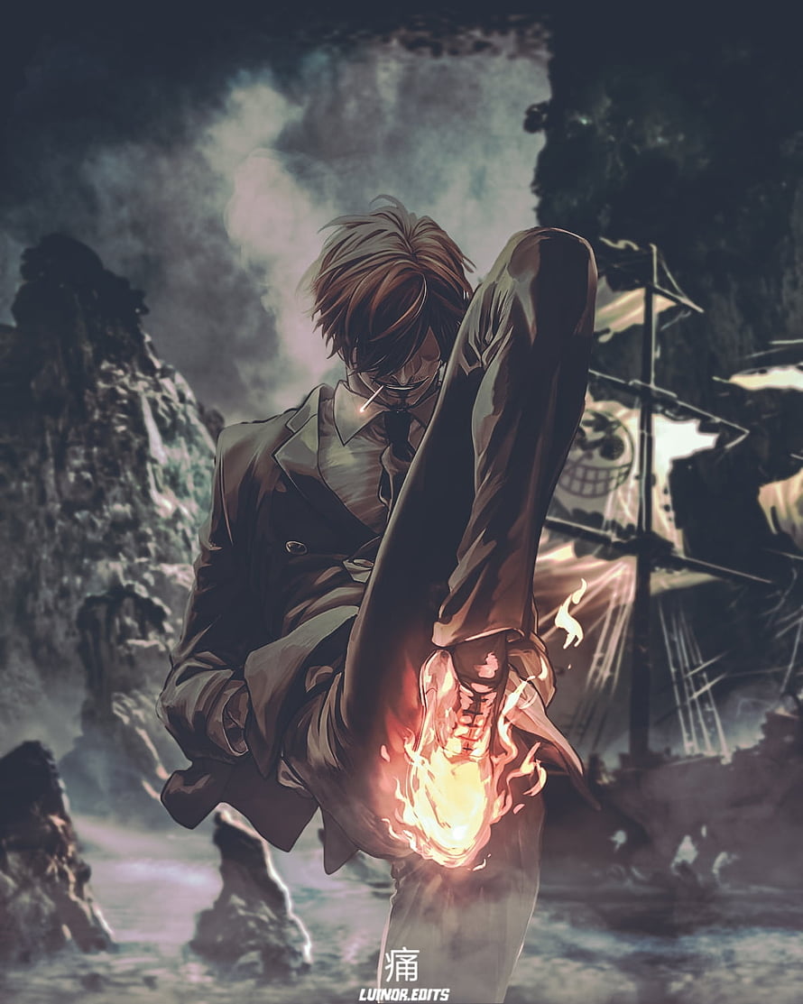 Vinsmoke Sanji One Piece Anime Character with Burning Fist in Dark Landscape HD phone wallpaper