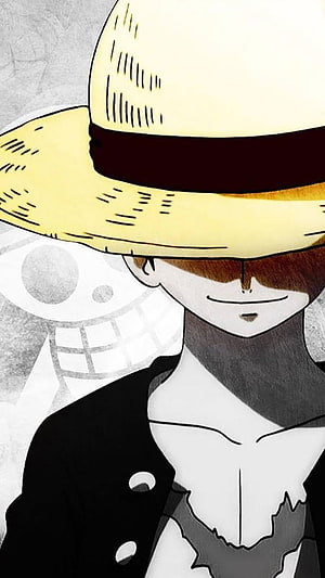 Monkey D. Luffy in Straw Hat and Black Coat with Jolly Roger Background HD phone wallpaper