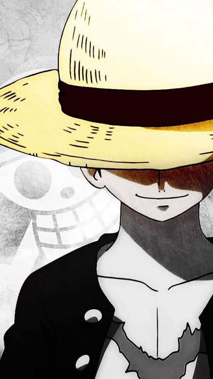 Monkey D. Luffy in Straw Hat and Black Coat with Jolly Roger Background HD phone wallpaper