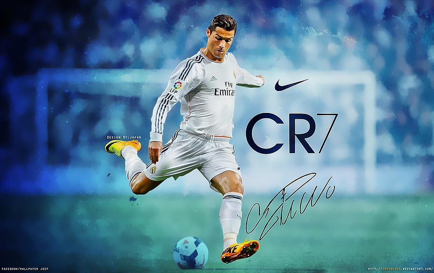 Cristiano Ronaldo CR7 in Real Madrid White Kit Striking a Football on a Blue Pitch HD wallpaper