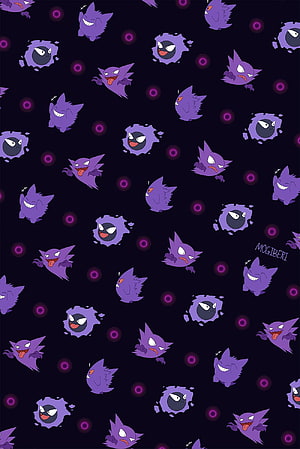 Gengar and Gastly repeating pattern on a dark background with purple accents HD phone wallpaper