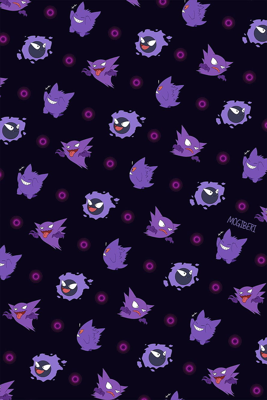 Gengar and Gastly repeating pattern on a dark background with purple accents HD phone wallpaper