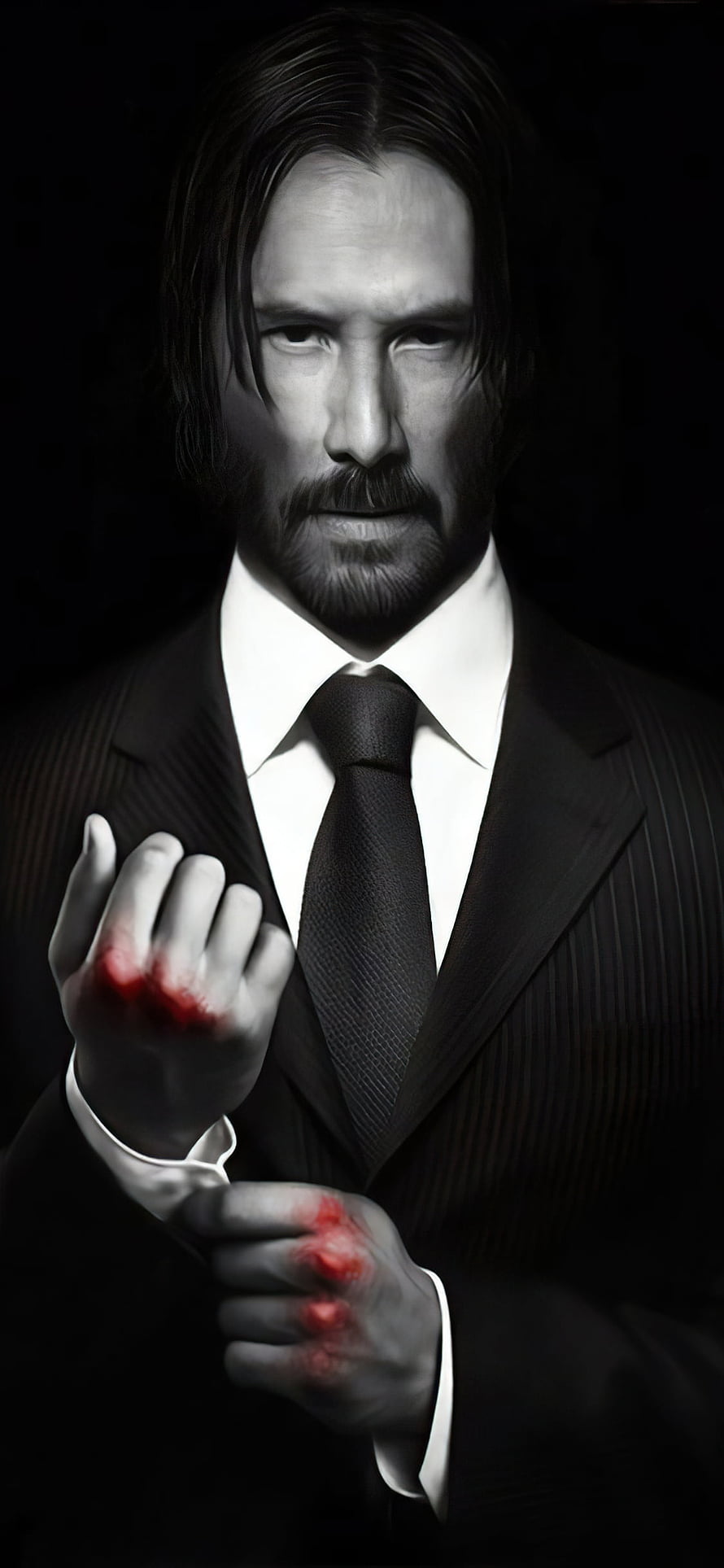 John Wick in a black suit with blood-stained hands against a dark background HD phone wallpaper