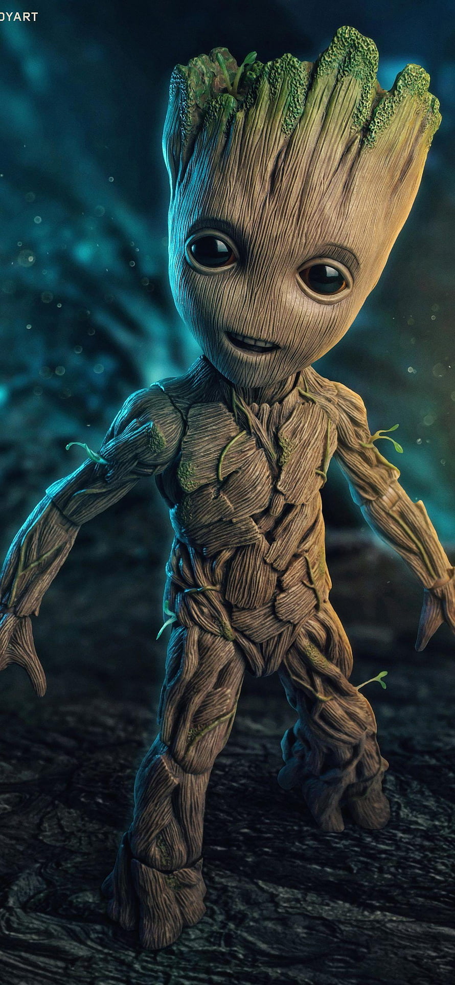 Baby Groot from Guardians of the Galaxy in a Dark Forest Setting HD phone wallpaper