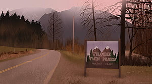 Twin Peaks Welcome Sign on a Winding Mountain Road at Dusk HD wallpaper