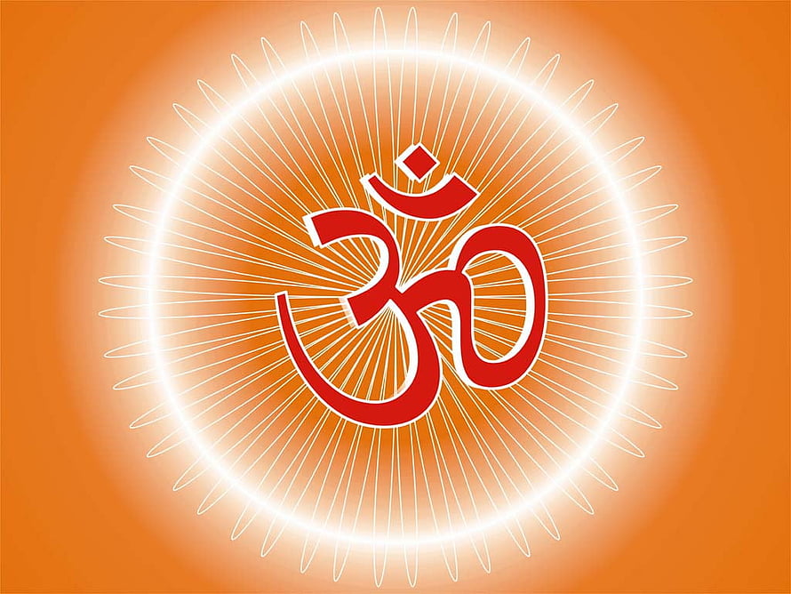 Glowing Red Om Symbol With Radiant Sunburst Rays On Warm Orange Background HD wallpaper