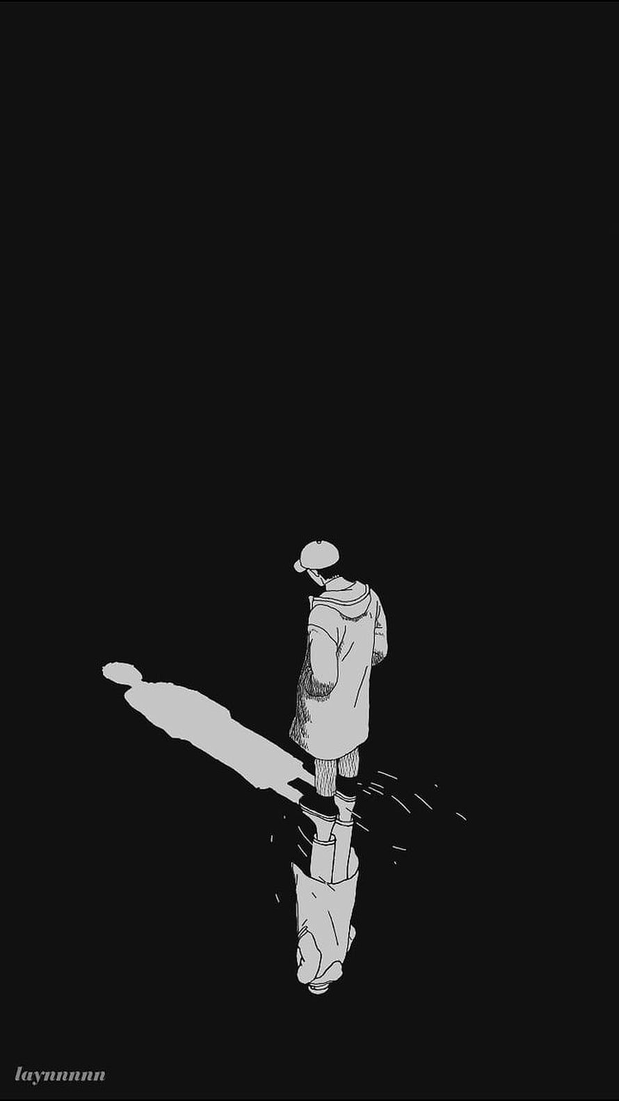 Monochrome Illustration of a Solitary Figure Standing in a Dark Void HD phone wallpaper