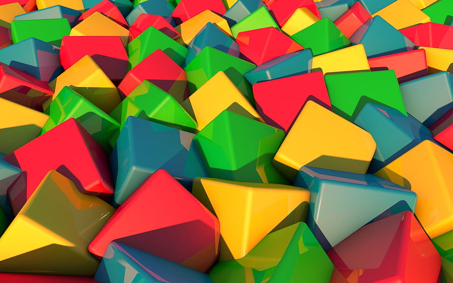 Vibrant 3D Render of Scattered Multicolored Cubes in Red, Green, Yellow, and Blue HD wallpaper