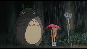 Totoro and Satsuki at the Bus Stop in the Rain from My Neighbor Totoro HD wallpaper