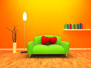 Vibrant Green Sofa With Red Heart Pillows In Orange Living Room Interior HD wallpaper