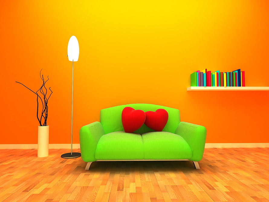 Vibrant Green Sofa With Red Heart Pillows In Orange Living Room Interior HD wallpaper