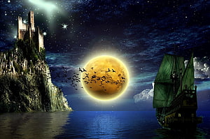 Fantasy seascape with a medieval castle on a cliff, a sailing ship, and a large glowing moon under a starry night sky HD wallpaper
