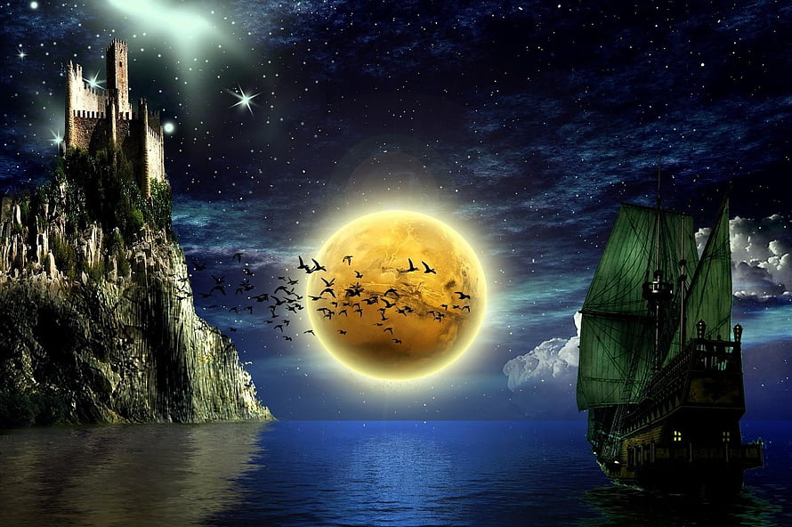 Fantasy seascape with a medieval castle on a cliff, a sailing ship, and a large glowing moon under a starry night sky HD wallpaper
