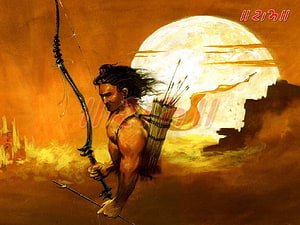 Painting of a muscular archer holding a bow and quiver against a large moon and fiery orange sky HD wallpaper