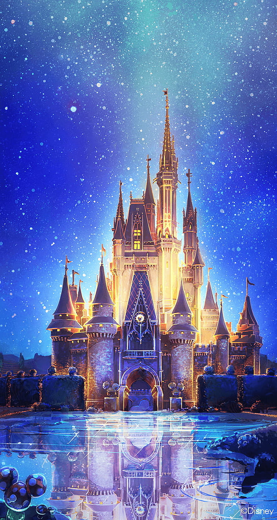 Disney Castle at Night with Starry Sky and Water Reflection HD phone wallpaper