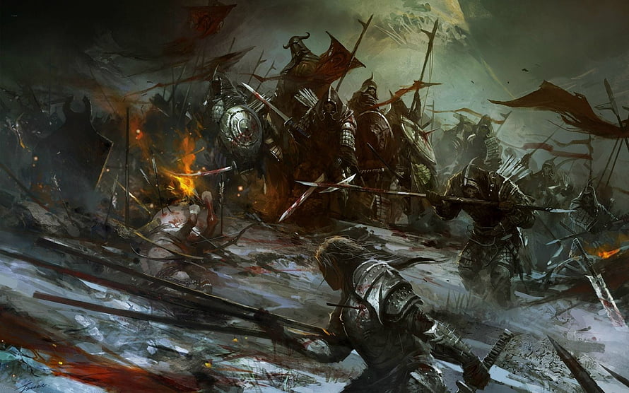 Dark Fantasy Medieval Battle Scene with Armored Knights and Swords HD wallpaper
