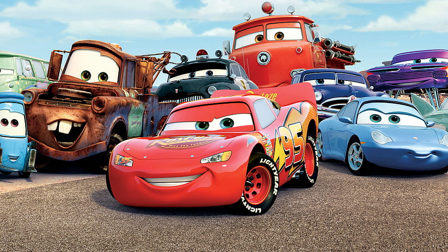 Cars Movie Animated Cast Group Scene Featuring Lightning McQueen and Tow Mater HD wallpaper