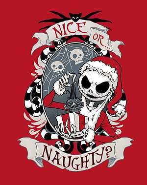Jack Skellington in Santa Costume with Oogie Boogie and Nice or Naughty Banners HD phone wallpaper