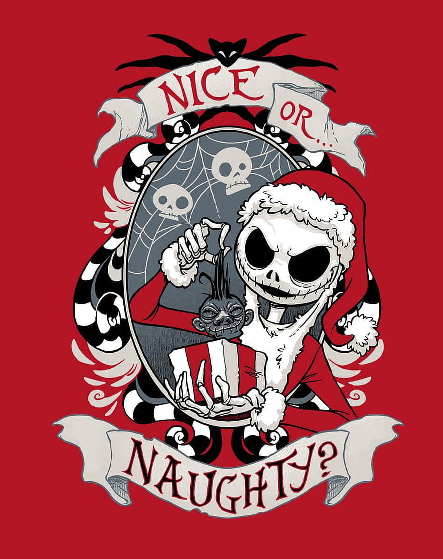 Jack Skellington in Santa Costume with Oogie Boogie and Nice or Naughty Banners HD phone wallpaper