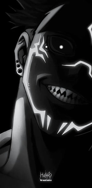 Sukuna Anime Character Dark Monochrome Portrait with Glowing Facial Markings HD phone wallpaper