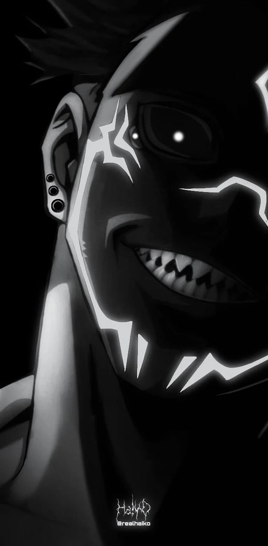 Sukuna Anime Character Dark Monochrome Portrait with Glowing Facial Markings HD phone wallpaper
