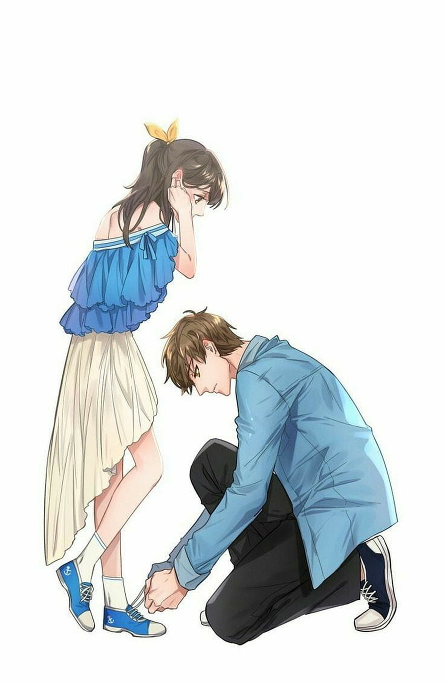 Tender Anime Couple Illustration of Man Tying Woman's Shoe Laces HD phone wallpaper