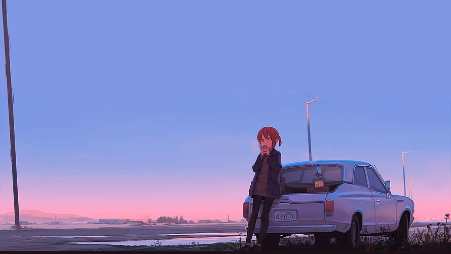 Anime Girl Leaning Against Vintage Car at Dusk HD wallpaper