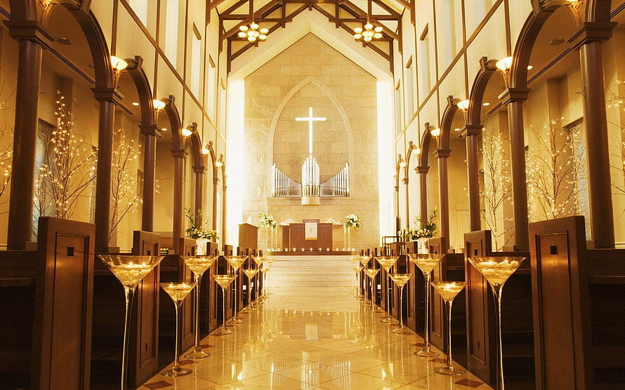 Elegant Church Interior With Candlelit Aisle And Gothic Arches HD wallpaper