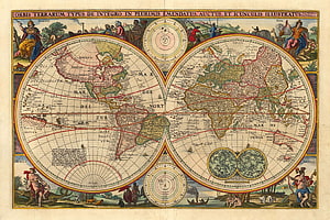 Antique Double Hemisphere World Map with Classical Figures and Decorative Borders HD wallpaper
