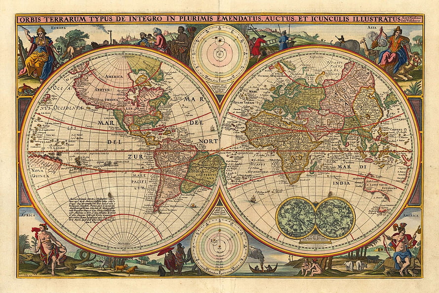 Antique Double Hemisphere World Map with Classical Figures and Decorative Borders HD wallpaper
