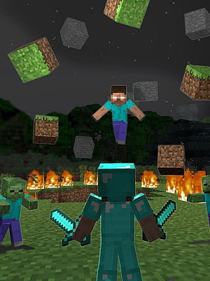 Minecraft Herobrine and Steve in a Nighttime Battle Scene with Floating Blocks HD phone wallpaper
