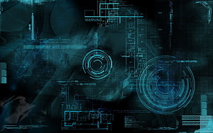 Futuristic Cyberpunk HUD Interface with Blueprint Schematics and Digital Data Overlays HD wallpaper