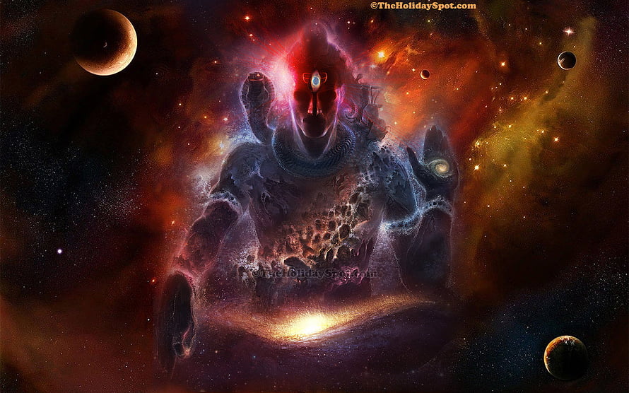 Lord Shiva Cosmic Meditation in Vibrant Nebula and Starfield HD wallpaper