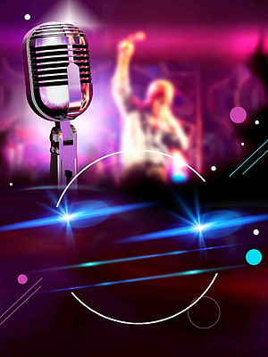 Retro Microphone on Stage with Neon Lights and Blurred Performer HD phone wallpaper