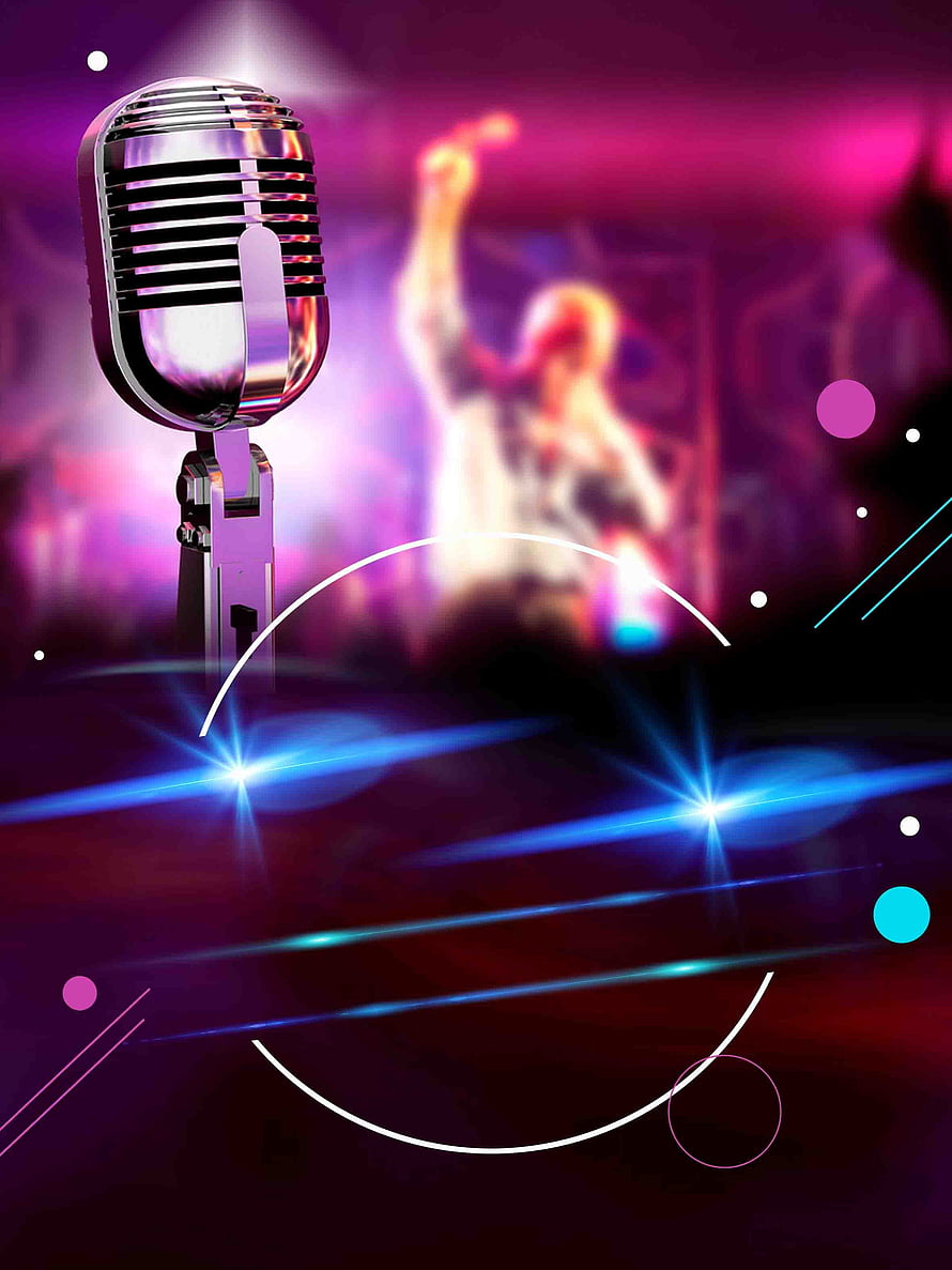 Retro Microphone on Stage with Neon Lights and Blurred Performer HD phone wallpaper