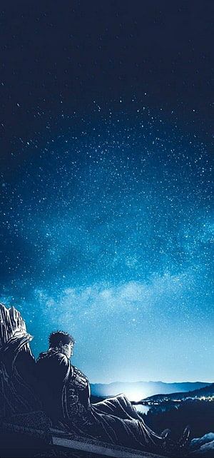 Guts from Berserk Gazing at the Starry Night Sky Over a Distant Landscape HD phone wallpaper