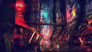 Neon-Lit Cyberpunk Alleyway with Rain-Soaked Streets and Glowing Signs HD wallpaper